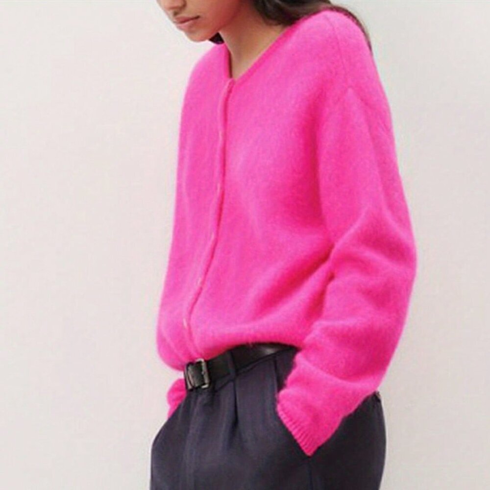 Hot Pink Casual Women's V-Neck Cardigan Sweater - Picture 5 of 5